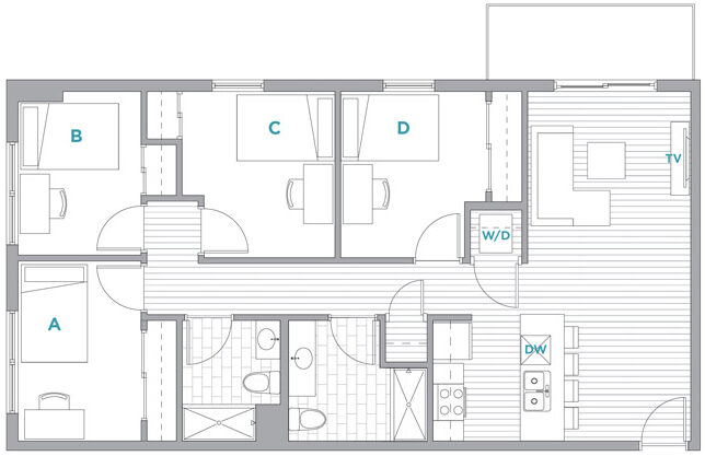 4 bedroom, 2 bathroom - living area to the right of the apartment, bedrooms on the left