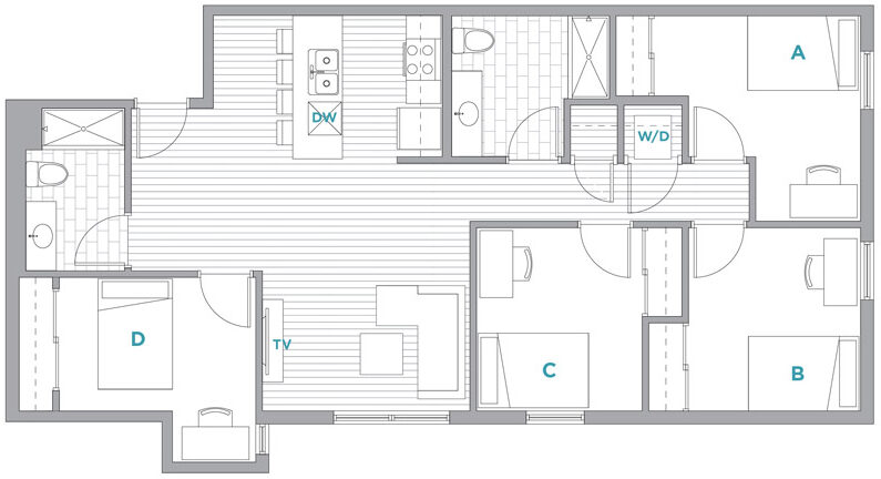 4 Bedroom, 3 Bathroom - 3 bedrooms and 1 bathroom located on the right side of the apartment