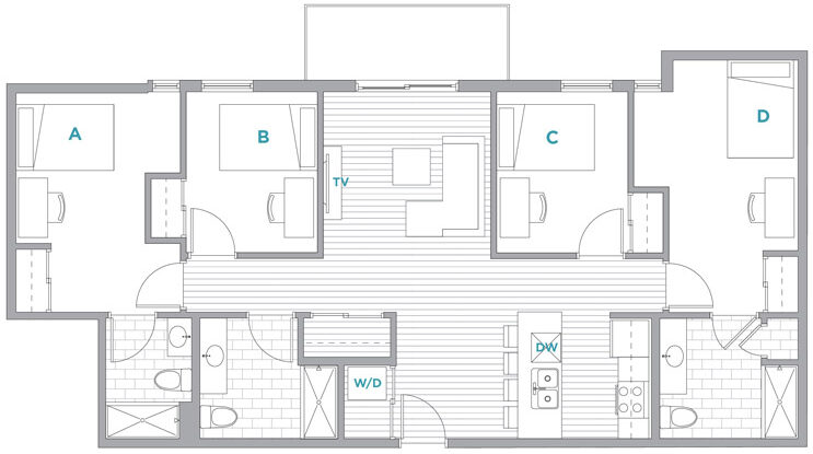 4 bedroom, 3 bathroom floor plan - living area is in the center of rooms