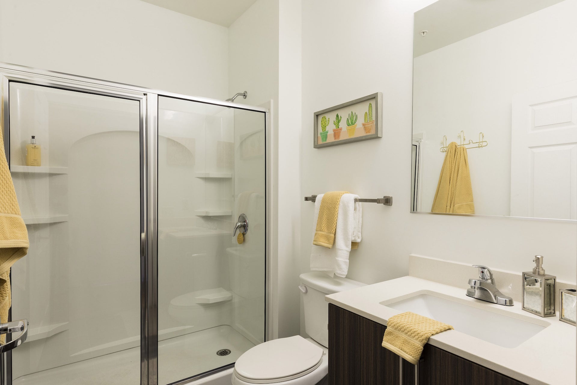 bathroom with standing shower at slate at 901 apartments
